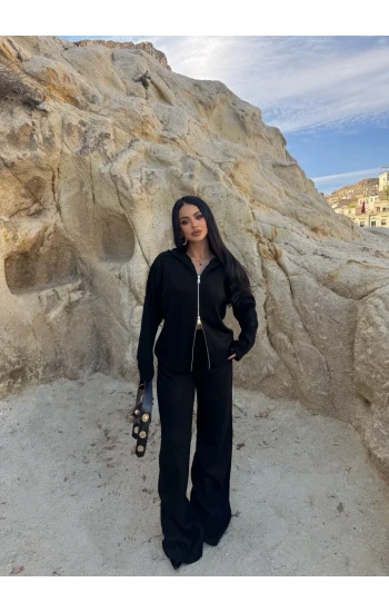 Siyah Çift Fermuarlı Triko Takım