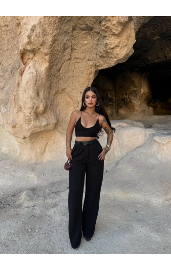 Siyah Çift Pile Kemerli Pantolon