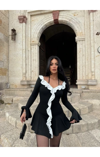 Siyah Çift Renk Elegant Elbise