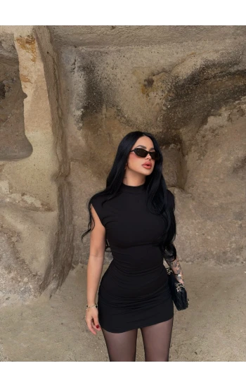 Siyah Dik Yaka Scuba Elbise