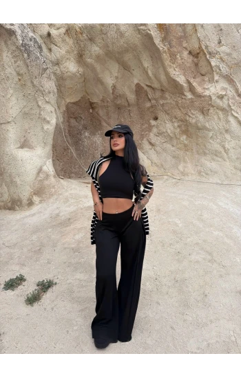 Siyah Dökümlü Palazzo Pantolon