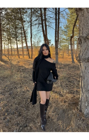 Siyah Domina Şal Detaylı Triko Elbise