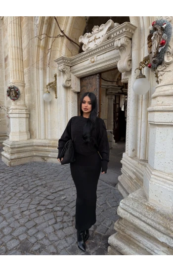 Siyah Elbise Kazak Triko Takım