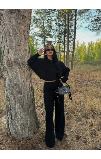 Siyah Fitilli Triko Yarasa İkili Takım