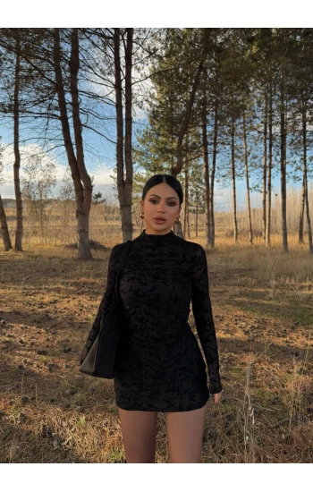 Siyah Flowers Flok Baskı Elbise