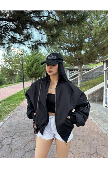 Siyah İçi Dolumlu Bomber Mont