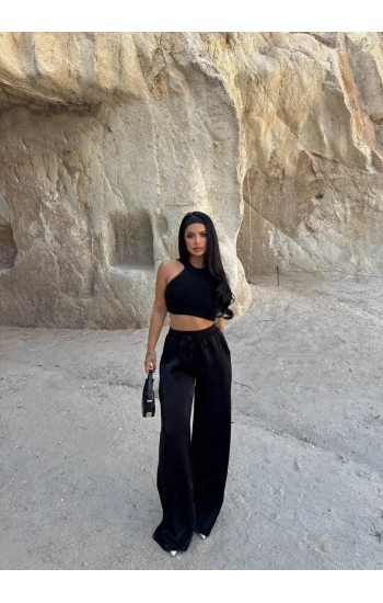 Siyah Işıltı Bol Paça Pantolon