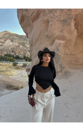 Siyah İspanyol Kol Fitilli Crop