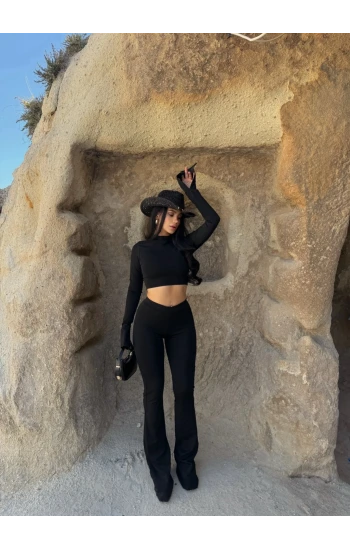 Siyah İspanyol Tayt Crop İkili Takım