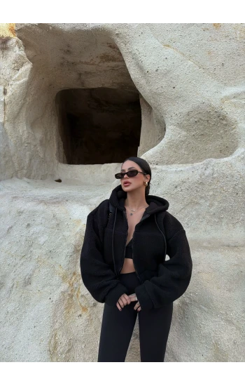 Siyah Kanguru Cep Peluş Ceket