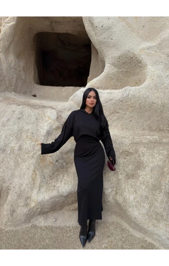 Siyah Kapşonlu Maxi İkili Set