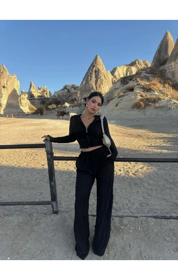 Siyah Kapşonlu Ters Dikiş İkili Takım