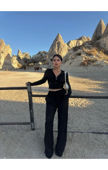 Siyah Kapşonlu Ters Dikiş İkili Takım