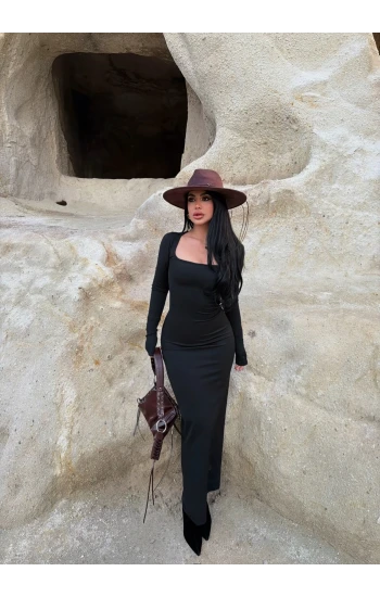 Siyah Kare Yaka Fitilli Elbise