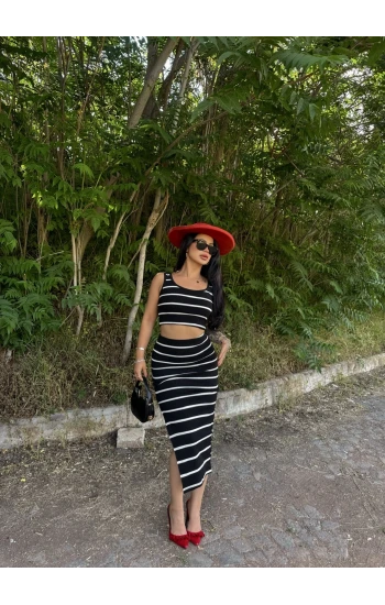 Siyah Kaşkorse Etek&Crop İkili Takım