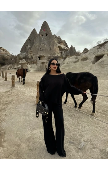 Siyah Kayık Yaka Modal İkili Takım