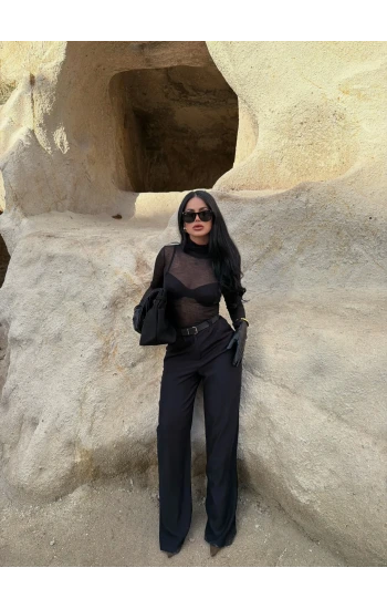 Siyah Kemerli Kadife Palazzo Pantolon