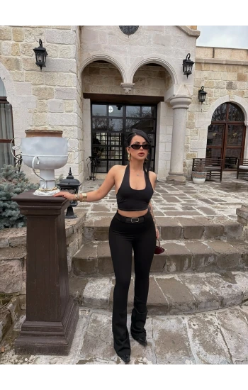 Siyah Kemerli Slim Flare Pantolon