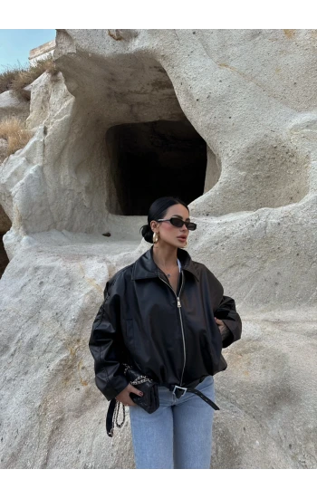 Siyah Kemerli Yarasa Kol Deri Mont