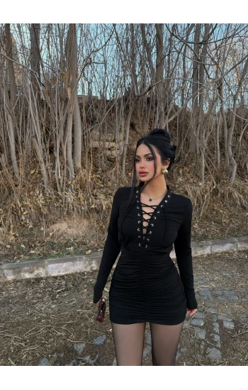 Siyah Kuşgözü Büzgülü Elbise