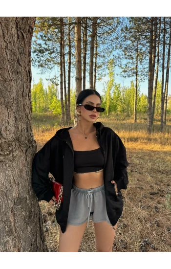 Siyah Mevsimlik Kapşonlu Hırka