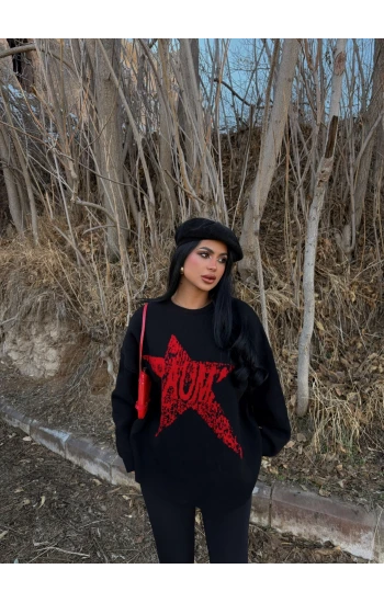 Siyah Mind Sırt Baskı Kazak