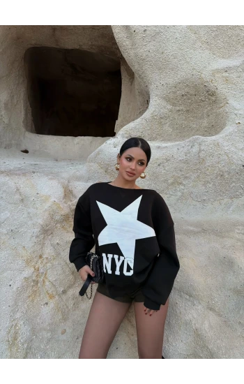 Siyah NYC Kayık Yaka Sweat
