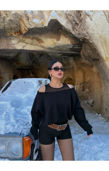 Siyah Omuz Tül Askılı Sweat