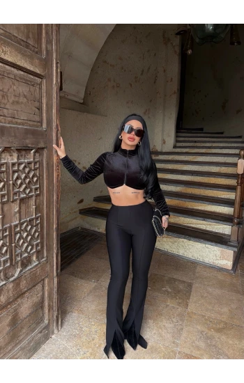 Siyah Ön Yırtmaçlı Fitilli Pantolon