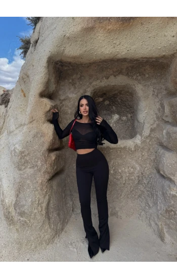 Siyah Paça Yırtmaçlı Fitilli Tayt