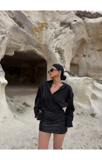 Siyah Payetli Gömlek Elbise