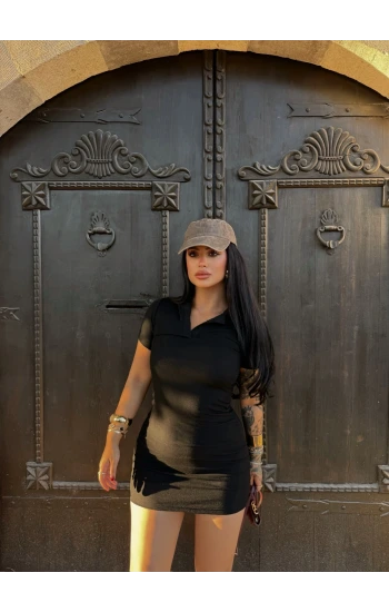 Siyah Polo Yaka Kaşkorse Elbise