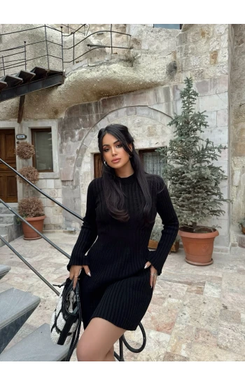 Siyah Ribbed Triko Elbise