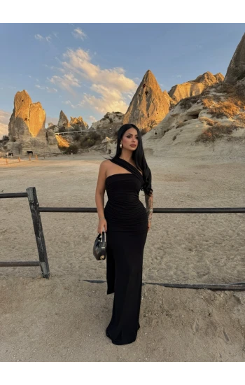 Siyah Şal Detay Maxi Elbise