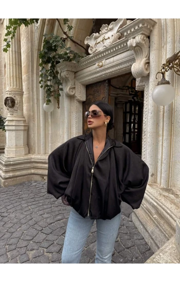 Siyah Saten Yarasa Bomber Ceket