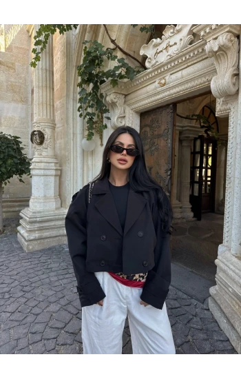 Siyah Short Kruvaze Trençkot