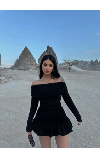 Siyah Simli Balon Etek Elbise