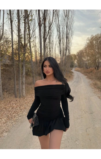 Siyah Simli Balon Etek Elbise