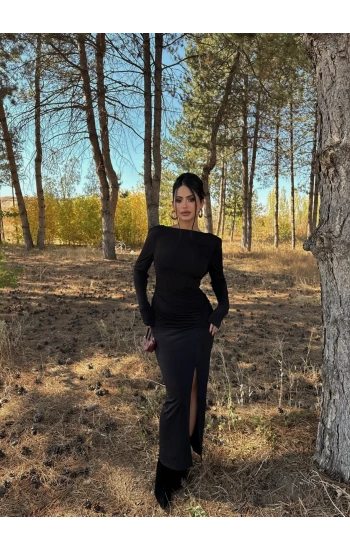 Siyah Sırt Degaje Sandy Elbise