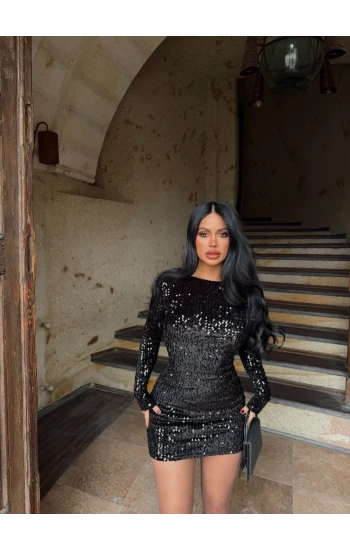 Siyah Sırt Dekolte Payetli Elbise