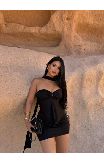 Siyah Sırt Kemerli Vere Elbise