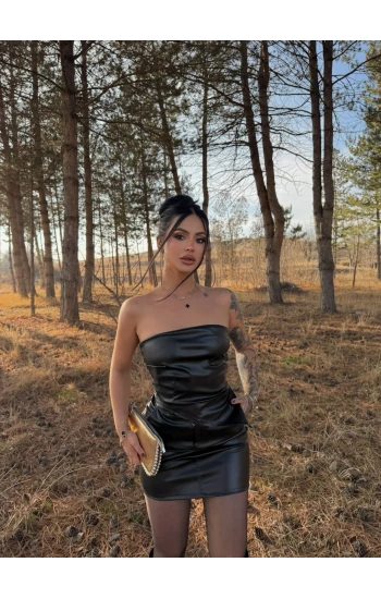 Siyah Straplez Etek Deri Takım