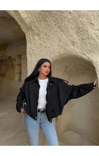 Siyah Süet Oversize Bomber Mont