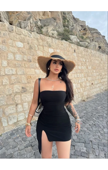 Siyah Tek Büzgülü Straplez Elbise
