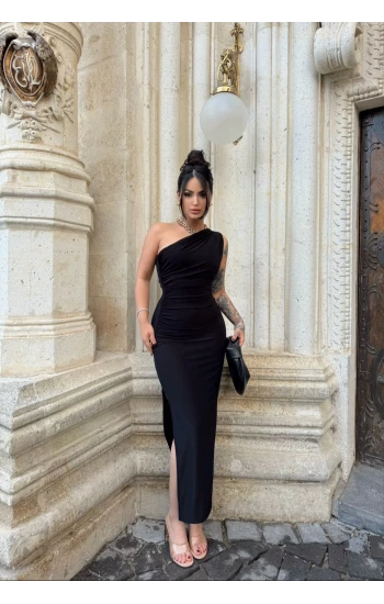 Siyah Tek Kol Büzgülü Long Elbise