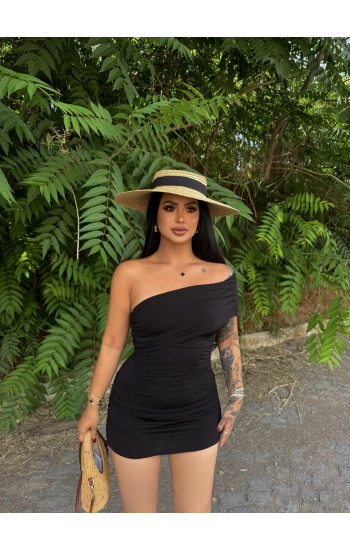 Siyah Tek Omuz Büzgülü Elbise