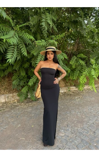 Siyah Tek Yırtmaçlı Straplez Elbise