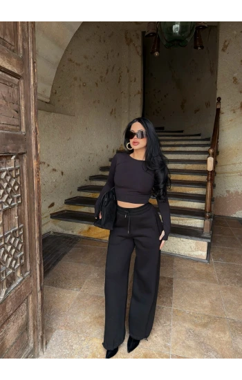 Siyah Üç İplik Stoperli Eşofman Altı