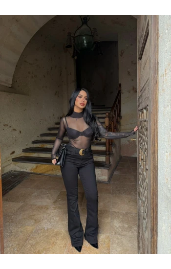 Siyah Yüksek Bel Likralı İspanyol Pantolon