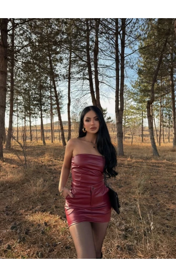 Bordo Straplez Etek Deri Takım